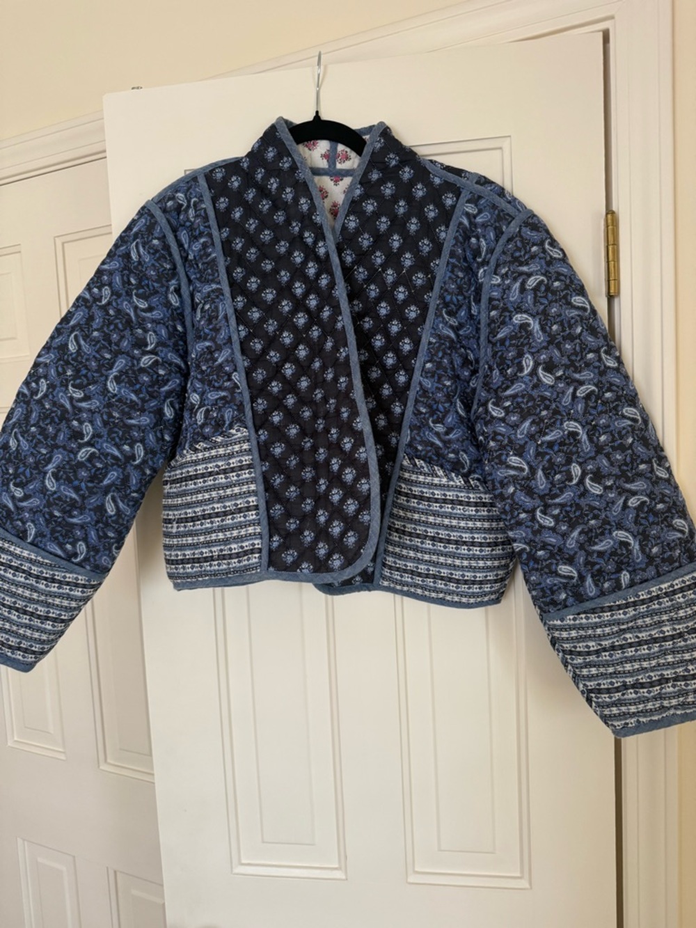 Mango Reversible Quilted Patchwork Blue Cropped Jacket